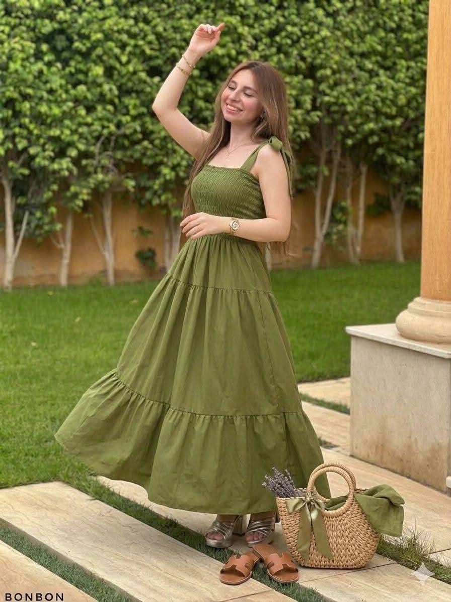 فستان ميدي صيفي كاجوال بحمالات برباط - زيتي