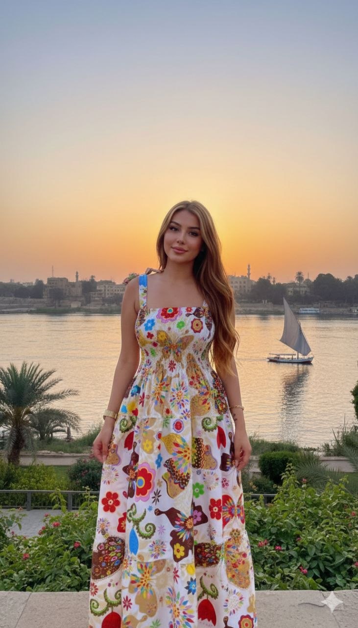 فستان ماكسي ميلانو قطن مشجر بنقوش مبهجة وفراشات